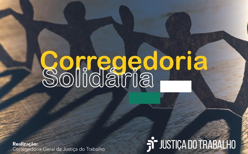 Arte com fundo mostrando quatro silhuetas de corpos de pessoas, de mãos dadas. Texto: Corregedoria Solidária