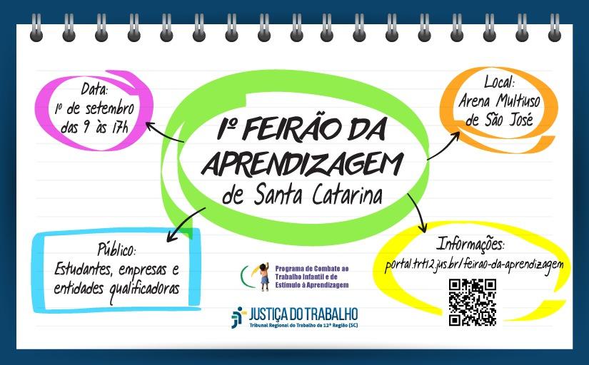 Textos: 1º Feirão de Aprendizagem de Santa Catarina; 1º de Setembro, das 9h às 17h; Local: Arena Multiuso de São José; Público: estudantes, empresas e entidades qualificadoras; 