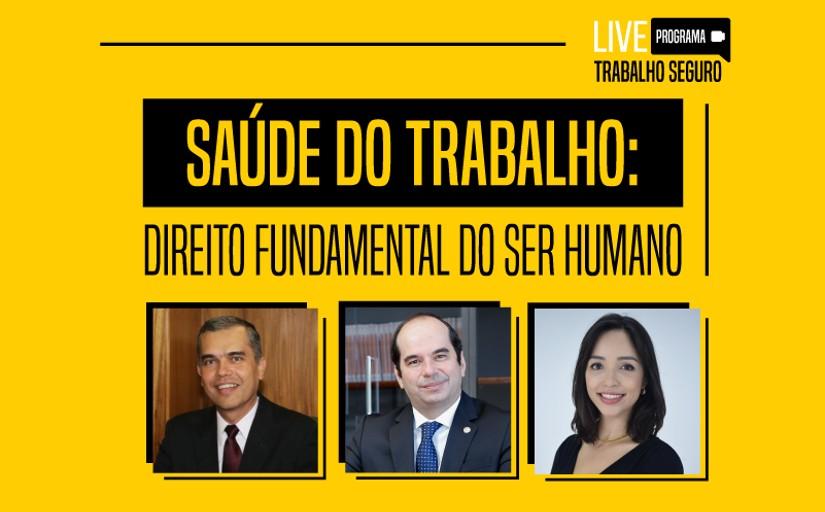 Banner de divulgação com fotos três por quatro de dois homens e uma mulher. Texto: Saúde do Trabalho: direito fundamental do ser humano