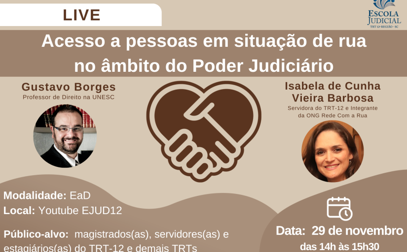 cartaz com fundo marrom claro com duas fotos, uma de um homem de barba e óculos e outra de uma mulher de cabelos claros