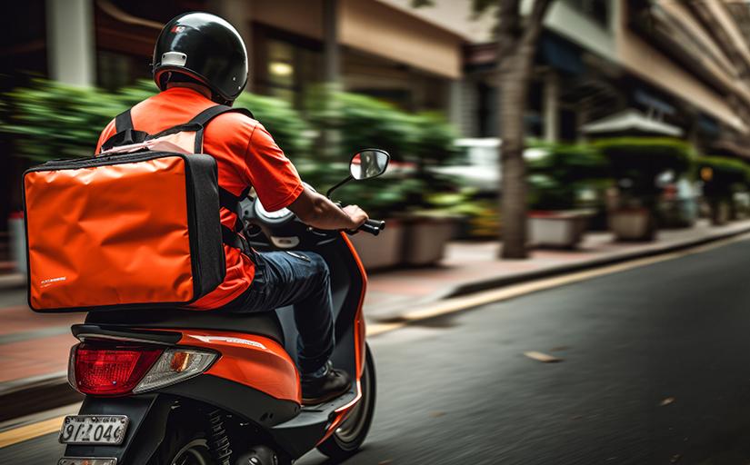 Motoboy pilotando uma motocicleta em uma avenida com uma "bag" laranja nas costas