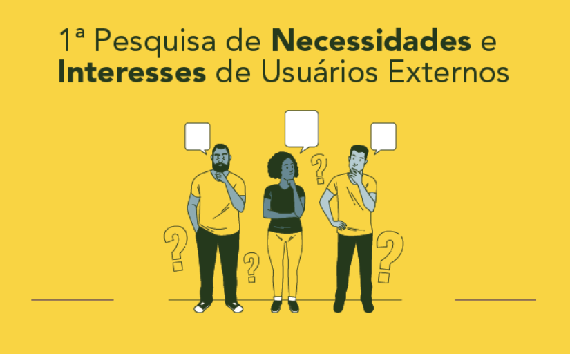 Ilustração com fundo amarelo e três pessoas sinalizando duvida, além de sinais de interrogação e balões. Ao lado a frase: 1ª pesquisa de necessidades e interesses de usuários externos na Justiça do Trabalho