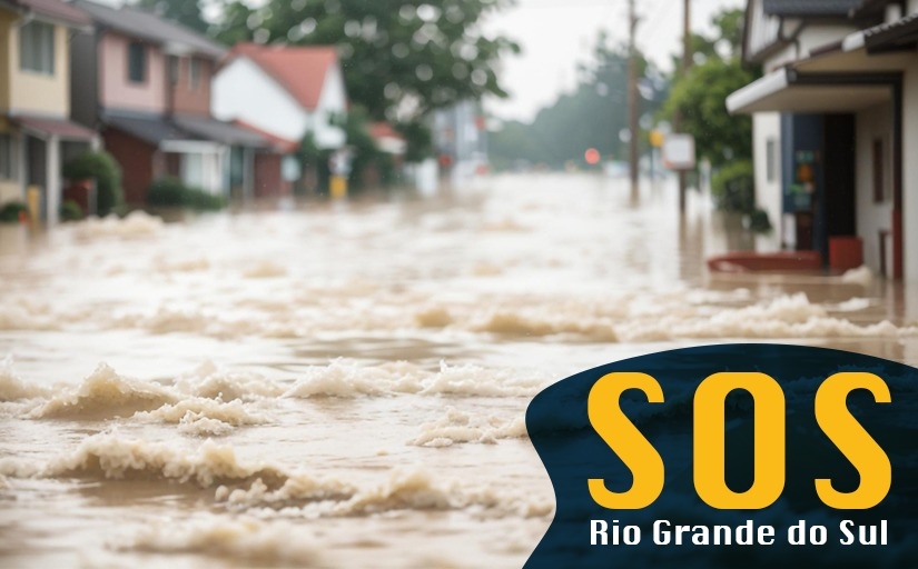 Imagem de uma rua urbana tomada por uma enchente. No canto direito, um detalhe com o texto SOS Rio Grande do Sul