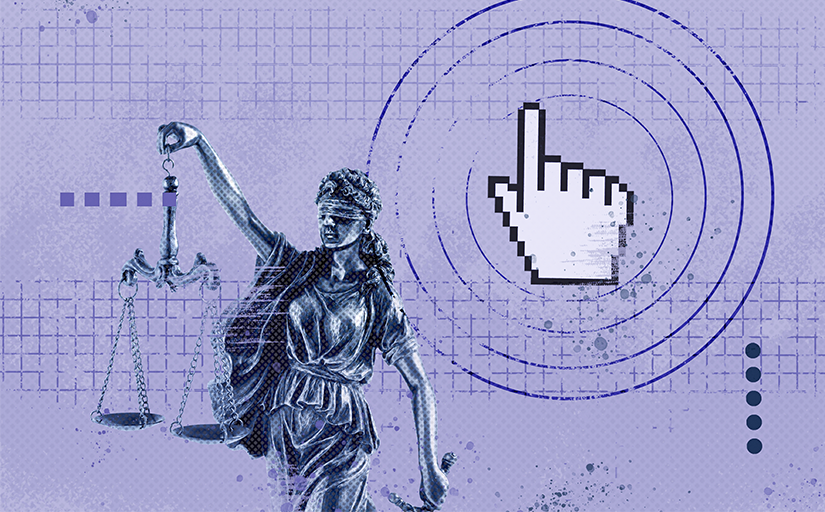 Imagem simula uma colagem com uma estátua de Themis, deusa da justiça, com um cursor digital em formato de mão clicando em um link