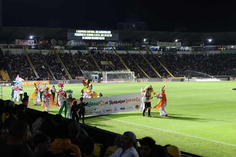 Foto de um campo de futebol com diversas pessoas vestidas de roupas coloridas e com uma fantasia de mascote de tigre. Elas carregam um banner onde está escrito "Brasil Sem Trabalho Infantil"