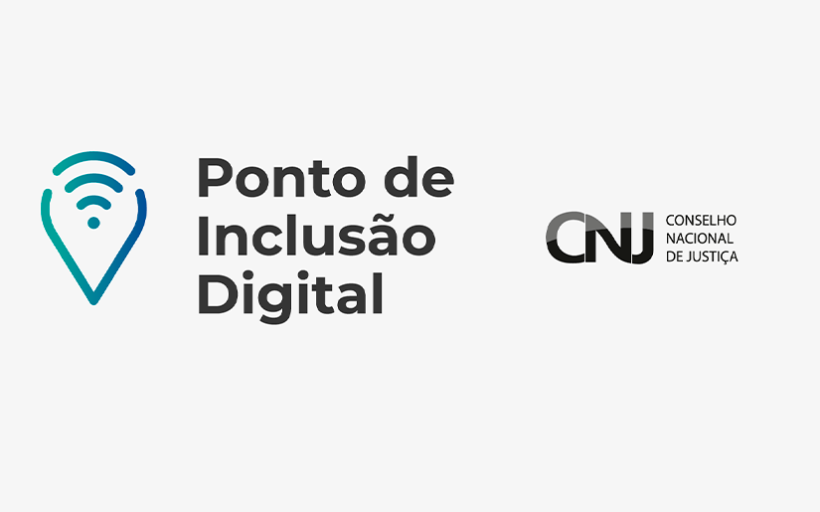 Banner dos Pontos de Inclusão Digital (PID) com fundo cinza e Icone azul representando um sinal de internet. Acompanhado no lado direito pelo icone do CNJ (conselho nacional de justiça) transcrito  