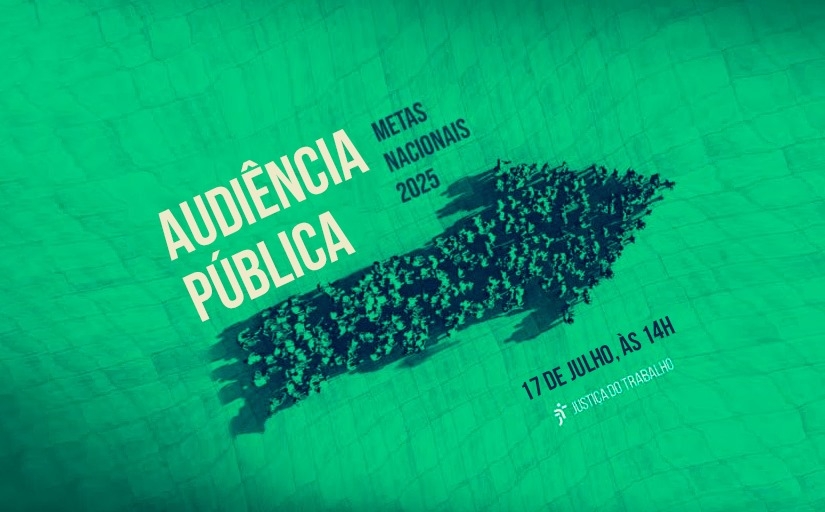 Arte com o texto Audiência Pública sobre as metas nacionais de 2025. 17 de julho, às 14h. A arte mostra uma seta preta inclinada para cima, desenhada sobre um fundo verde