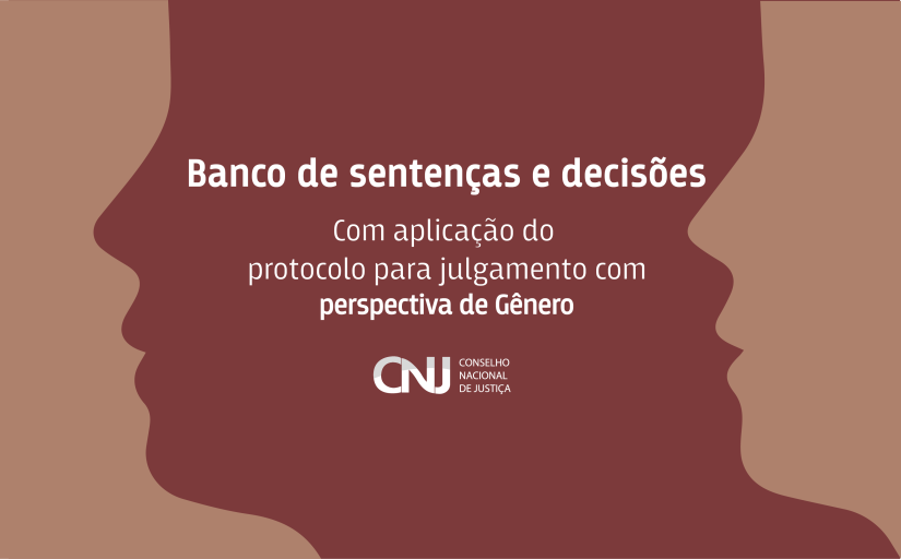 Contorno de um perfil de cor bege sobre um fundo vermelho escuro com os dizeres "Banco de sentenças e decisões" 