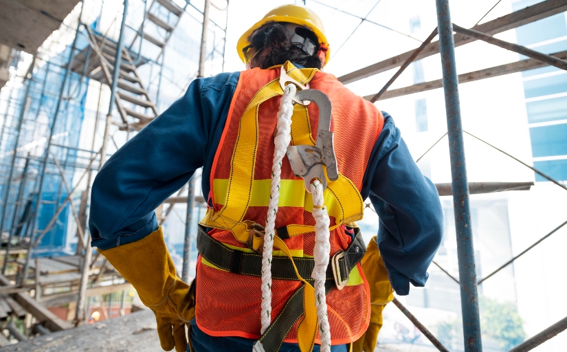 Fotografia ilustrativa de um homem de costas vestindo equipamentos de segurança. É possível ver que ele está com capacete, luvas e uma corda com gancho.