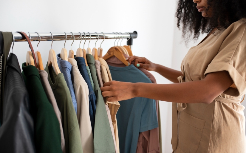 Foto de uma mulher negra mexendo em roupas de uma arara. O enquadramento da foto corta o rosto dela abaixo do nariz