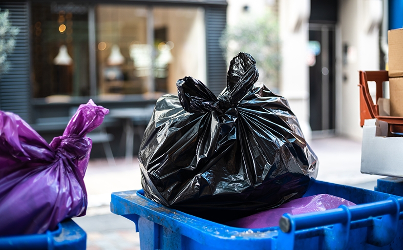 Fotografia mostra duas lixeiras de chão, azuis, grandes, com um saco de lixo fechado em casa, sendo um preto e outro roxo.