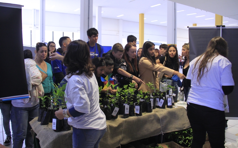 Foto mostra um grupo de jovens e adultos reunidos ao redor de uma mesa onde estão expostas diversas mudas de plantas. As pessoas parecem interessadas nas mudas, com algumas apontando para as plantas e outras conversando