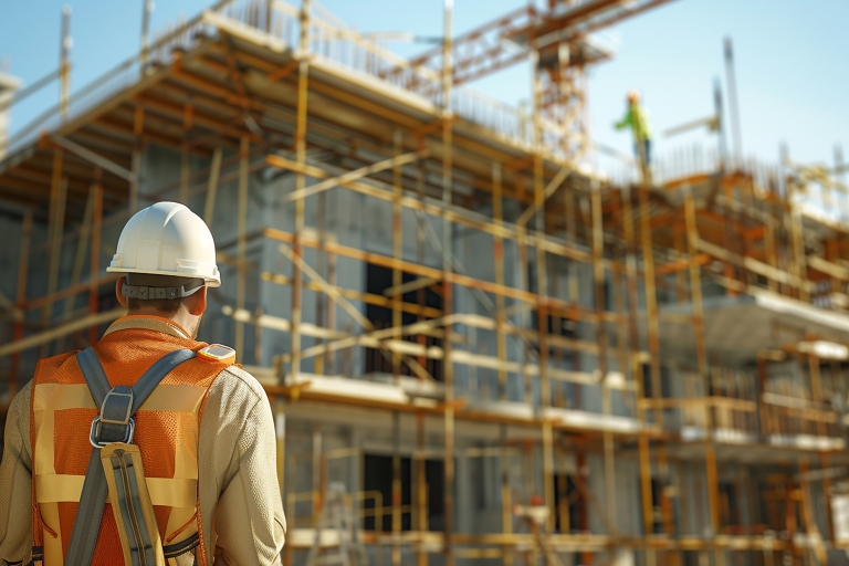 Imagem mostra um trabalhador de construção civil de costas, trajando colete de segurança e capacete. Ao fundo, um prédio de dois andares em obras com andaimes.