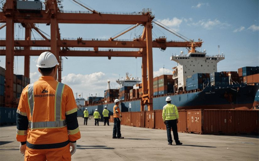 Fotografia mostra um pátio de cargas de um porto, com um navio à direita carregado com contêineres. Ao centro estão seis trabalhadores, de costas, trajando coletes e capacetes de segurança.