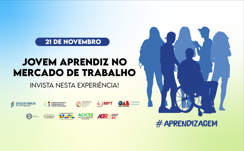 A imagem é um gráfico promocional para um evento. O texto principal, em branco e amarelo, anuncia “JOVEM APRENDIZ NO MERCADO DE TRABALHO”. Abaixo, há informações adicionais sobre o evento.