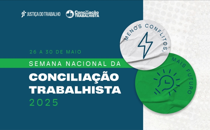 Ilustração de fundo azul escuro e cinza, com os dizeres "Semana da Conciliação Trabalhista"