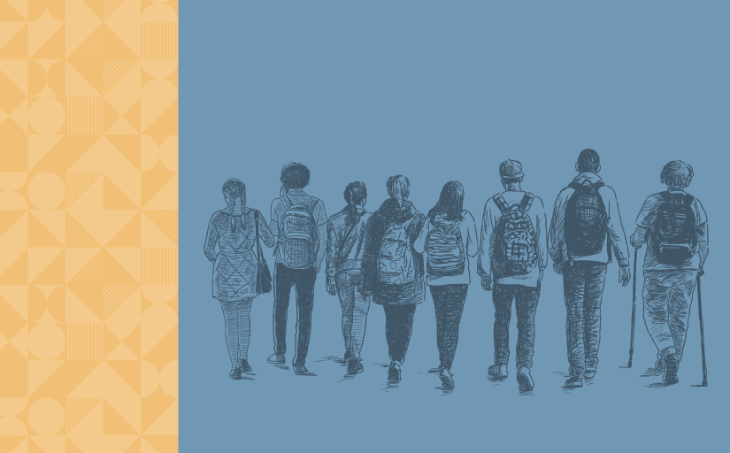 A imagem mostra um grupo de nove jovens caminhando de costas, todos com mochilas. Um deles usa muletas. O fundo é azul e, à esquerda, há uma faixa amarela com formas geométricas. A ilustração tem estilo de desenho à mão. Não há textos.