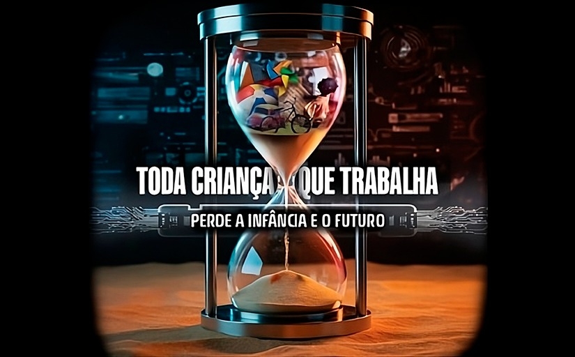 Ampulheta mostra brinquedos virando areia, simbolizando a perda da infância. Texto: “Toda criança que trabalha perde a infância e o futuro”.