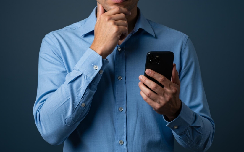 Fotografia ilustrativa de homem usando camisa social enquanto segura um celular em uma das mãos e com a outra segura o próprio queixo