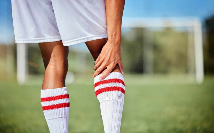 Fotografia ilustrativa com close de um jogador de futebol segurando o joelho direito