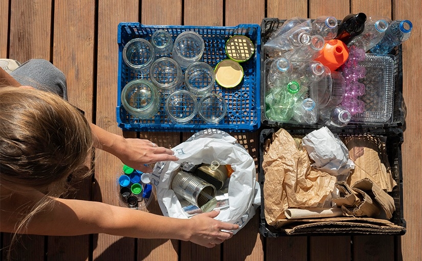 Fotografia ilustrativa em que pessoa separa resíduos recicláveis em caixas