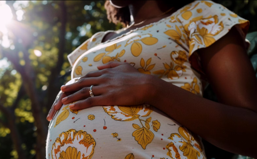 Foto da barriga de uma gestante usando um vestido com estampa amarela