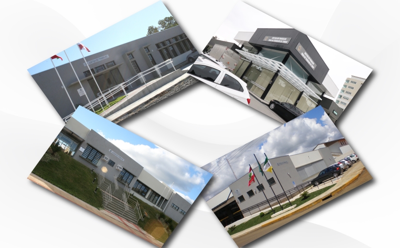 Mosaico mostrando fotos das fachadas de quatro varas do trabalho, conectadas