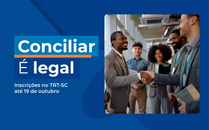 Arte azul com texto “Conciliar é legal”. À direita, pessoas sorrindo e apertando as mãos.