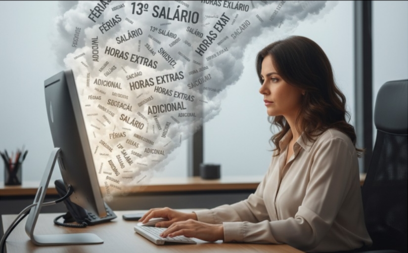 Uma nuvem de palavras brota de um monitor. À frente dele, uma mulher digita no teclado
