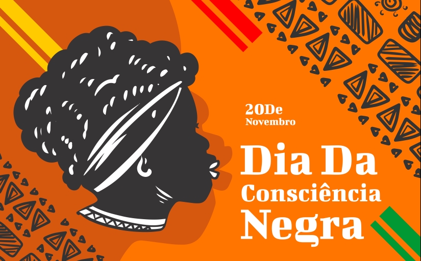 Dia da Consciência Negra - ilustração em fundo laranja e motivos afros 