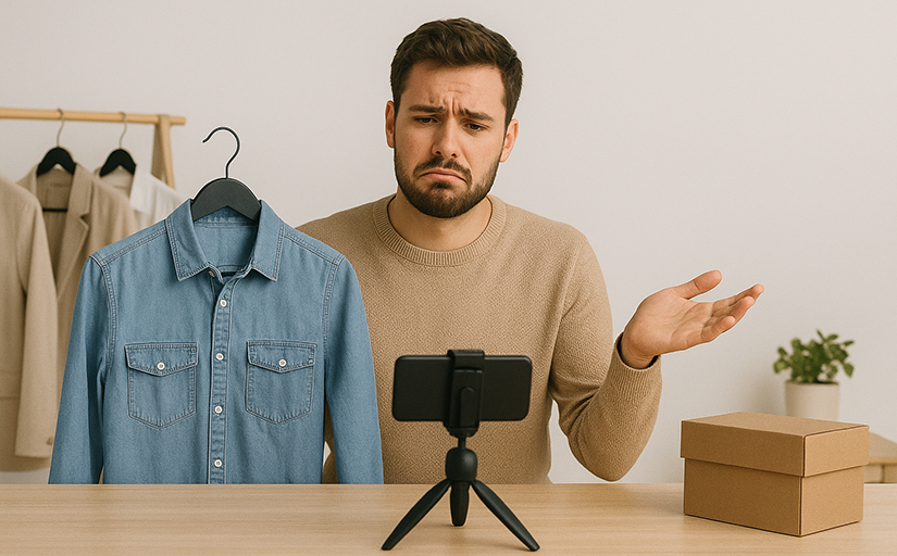 Homem mostrando uma camisa na frente de um celular