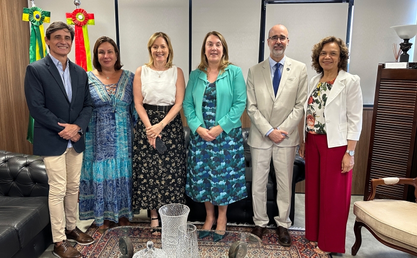 Quatro mulheres e dois homens, todos de pé, posam para a foto em uma pequena sala com bandeiras do Brasil e de SC ao fundo