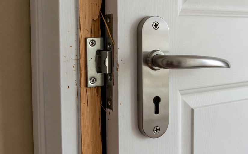 Fotografia ilustrativa com foco em uma porta branca com fechadura arrombada