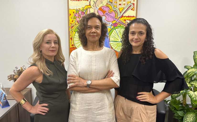 Três mulheres vestidas formalmente em pé, em pose desafiadora, diante de um quadro colorido