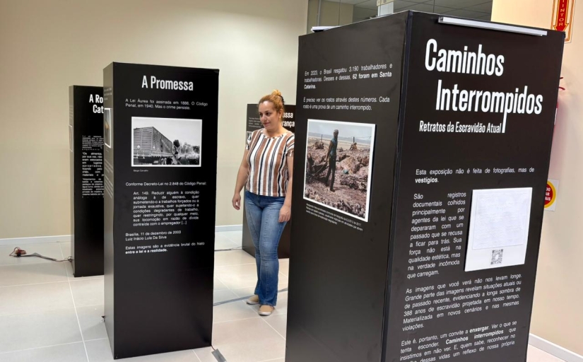 Mulher ruiva observa totens de uma exposição.