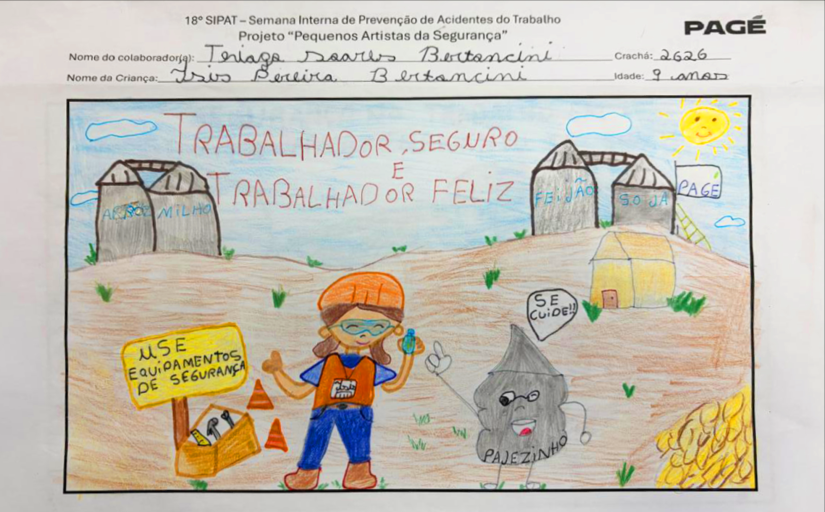 Desenho mostra uma criança usando capacete de segurança. Ao fundo, lê-se a frase Trabalhador Seguro é Trabalhador Feliz