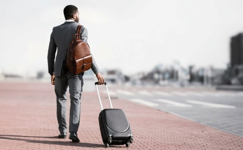 Fotografia ilustrativa de homem negro de terno claro e malas olhando para o horizonte distante