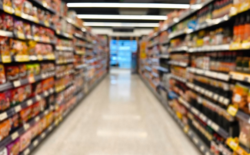Fotografia ilustrativa de um corredor de supermercado, com os produtos à mostra nas gôndolas