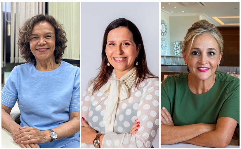 Composição mostrando fotos de três mulheres sorridentes