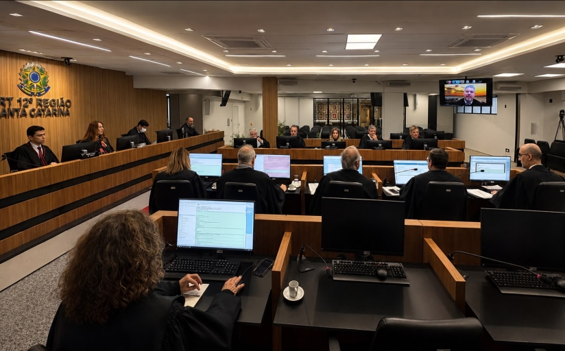 Foto de uma reunião no tribunal pleno do TRT-SC com os desembargadores nas mesas com computadores ligados