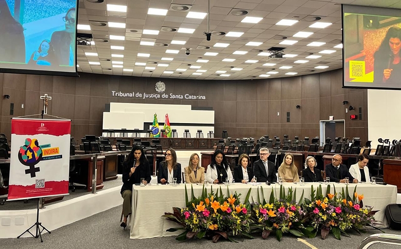 Mesa de autoridades participa de seminário em auditório, com painel do Programa Indira ao lado