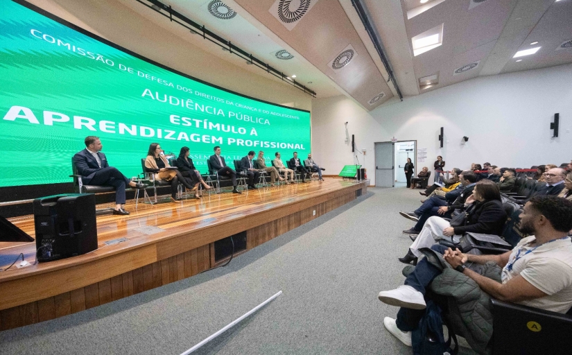 Fotografia de auditório com painel sobre aprendizagem profissional e plateia assistindo.