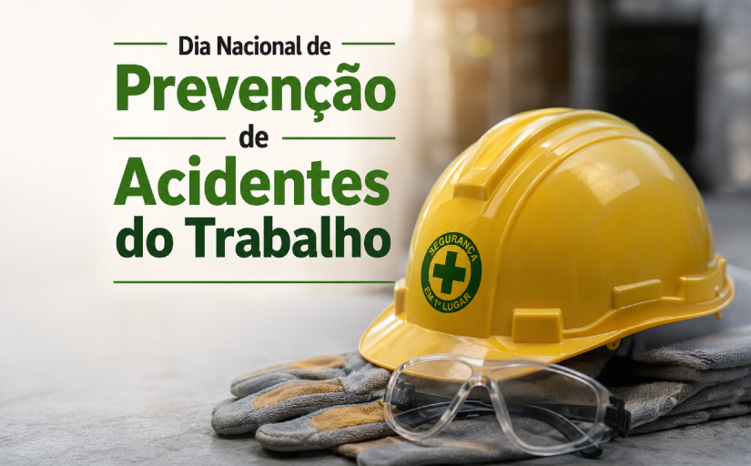 Dia Nacional de Prevenção de Acidentes de Trabalho. Imagem de um capacete amarelo sobre uma luva e um óculos de segurança do lado