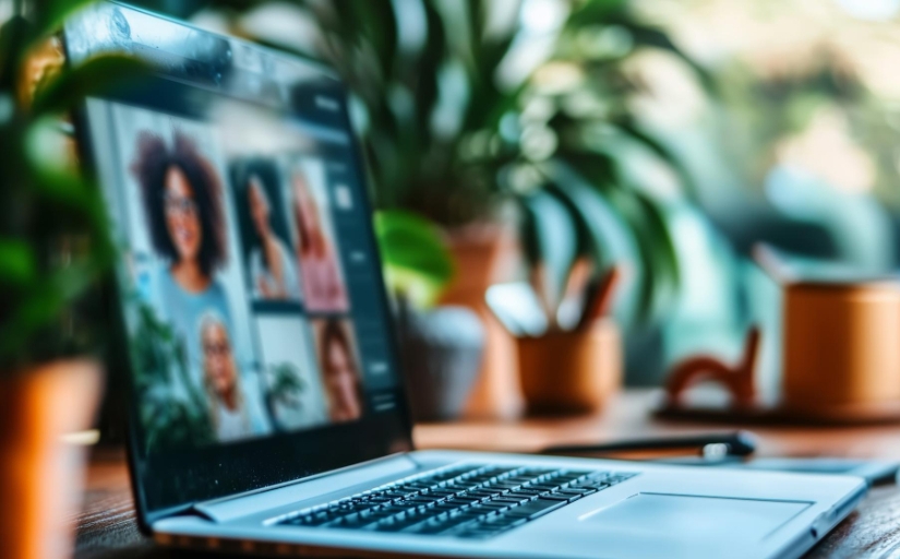Fotografia ilustrativa em que notebook exibe videoconferência com quatro participantes na tela