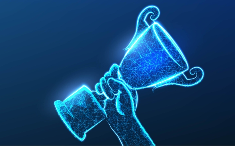 arte de uma mão azul segurando um troféu