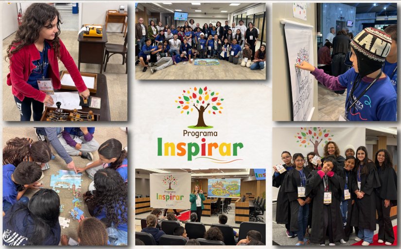 Mosaico mostra seis fotos com diversas atividades do Programa Inspirar, cuja logo está no centro do mosaico