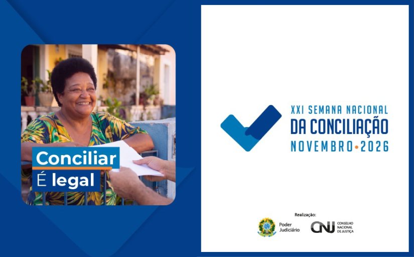 Mulher sorridente, de meia idade, recebe um documento no portão de casa. Banner de divulgação da 21ª Semana Nacional da Conciliação