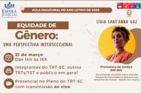 Banner decorativo com informações sobre o evento. Nele há uma fotografia da promotora de justiça Lívia Sant'anna Vaz, uma mulher negra, que está trajando uma roupa alaranjada, colar com búzios e tem os cabelos presos por um lenço colorido.
