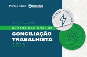 Ilustração de fundo azul escuro e cinza, com os dizeres "Semana da Conciliação Trabalhista"