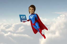 Imagem ilustrativa de uma mulher super heroína voando e com uma CLT na mão, acima das nuvens